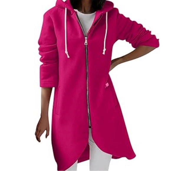 Tops - Women's Pink Hooded Zip-Up Mid-Length